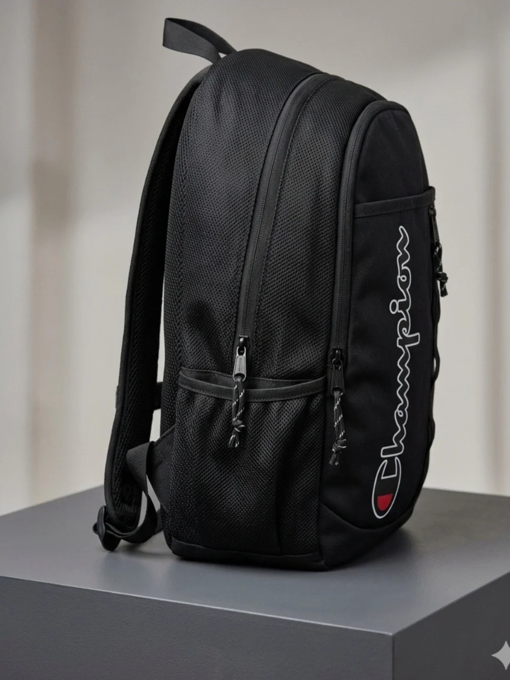 Champion Black Backpack with Vertical Logo and Red Accent